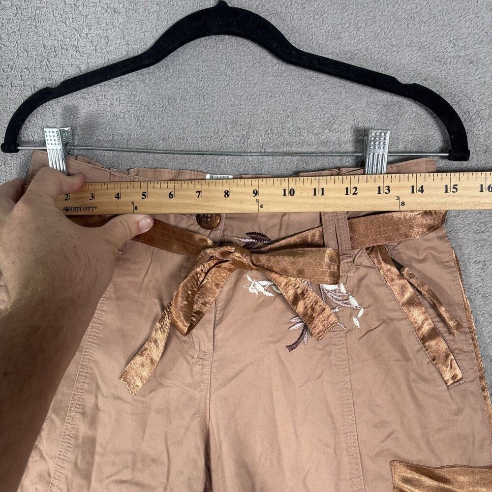 Cache Women’s Cropped Cargo Pants Size S Tan Brown Floral Boho Y2K Rave Fairy - Picture 7 of 15